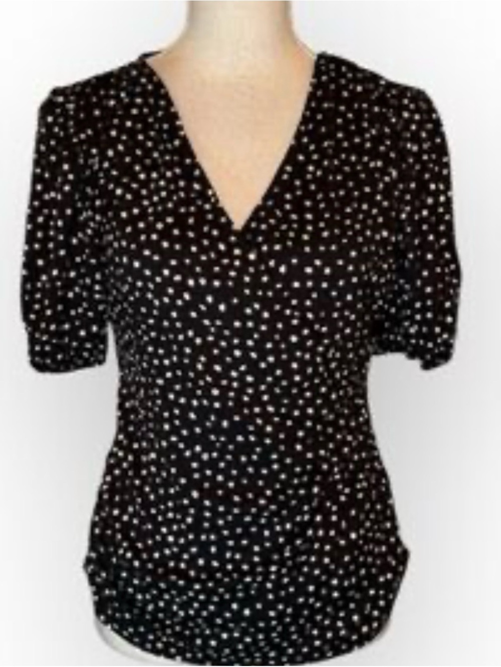 Elie Tahari Black Polka Dot Splice V-Neck Women's Top M